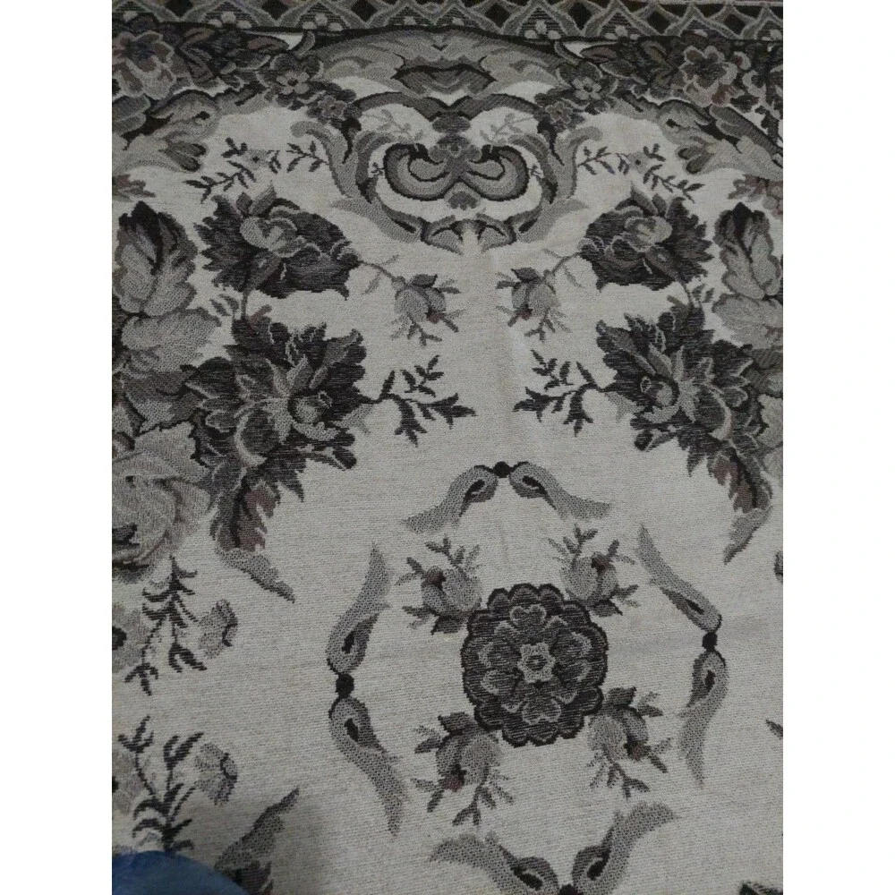 Woven Chenille Beige Brown Baroque Square Floral Throw W/ Tassels 56x56 By OPERA